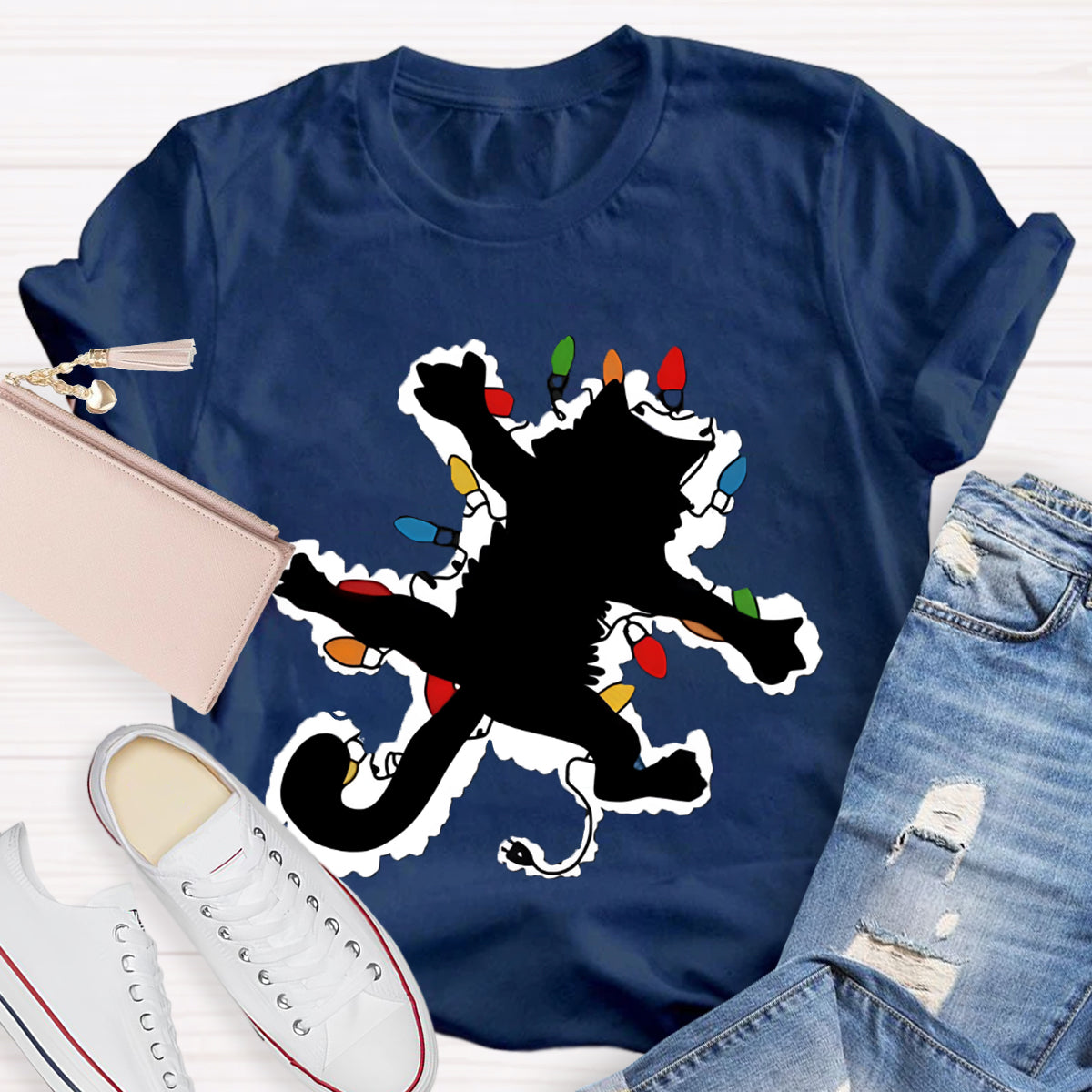 Pussy Cat And Lights Christmas T-Shirt