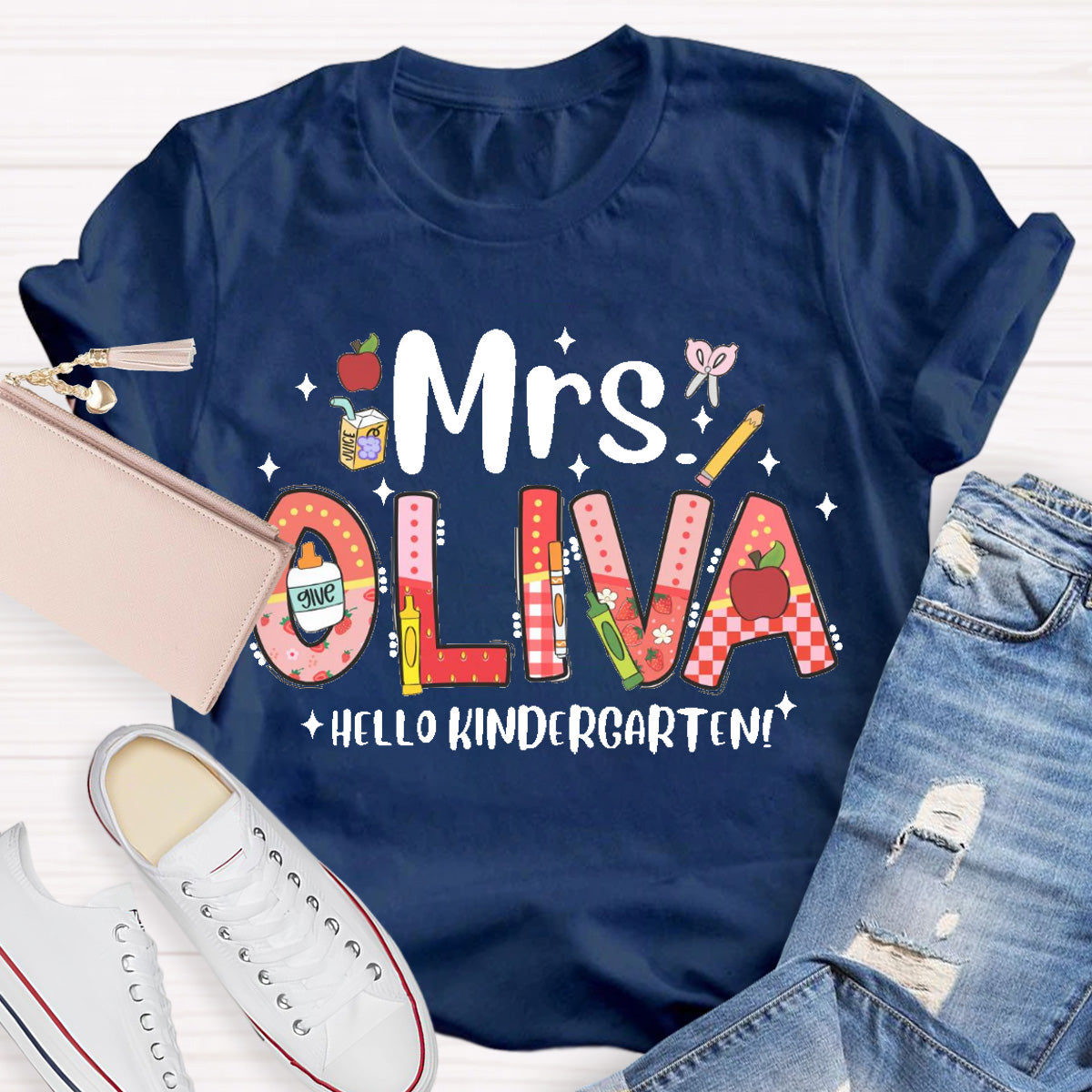 Personalized Name Hello Kindergarten Teacher T-Shirt