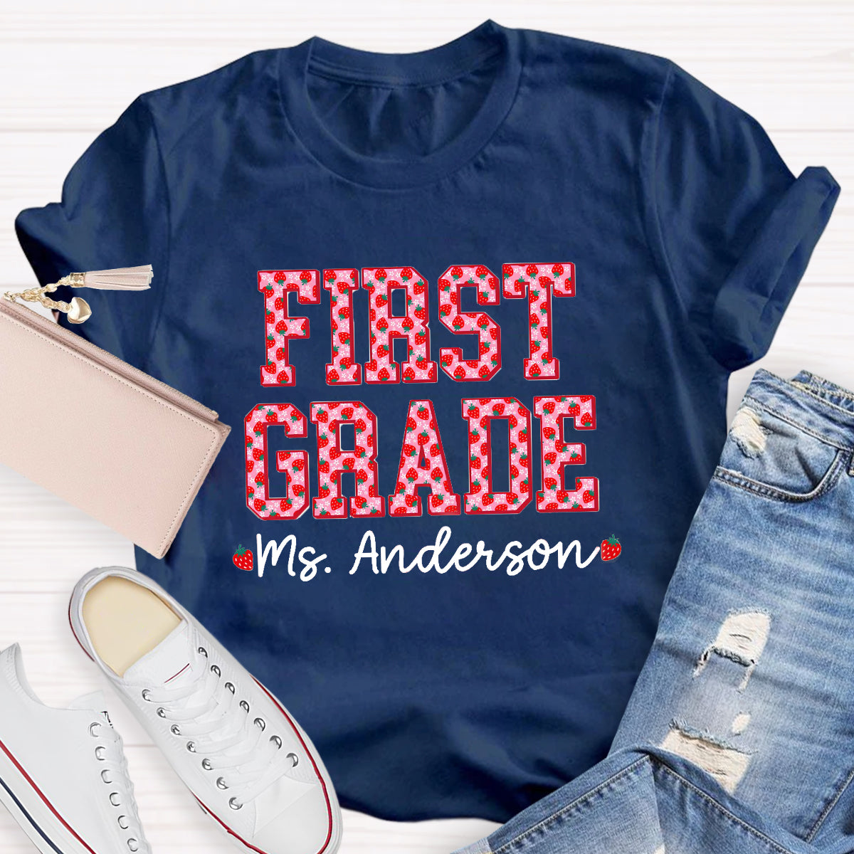 Personalized Grade And Name Strawberry Printed Teacher T-Shirt