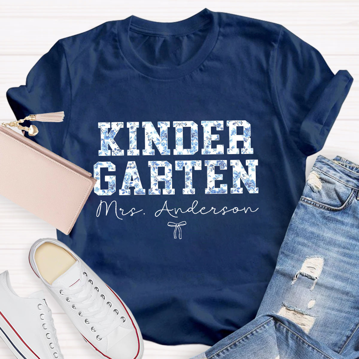 Personalized Kindergarten Teacher Name Blue Flower T-Shirt