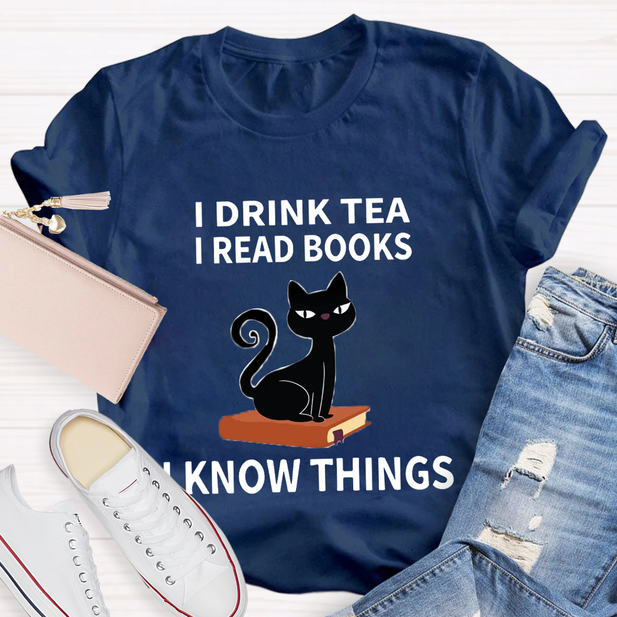 I Drink I Read Books I Know Thing Cute Cat T-Shirt