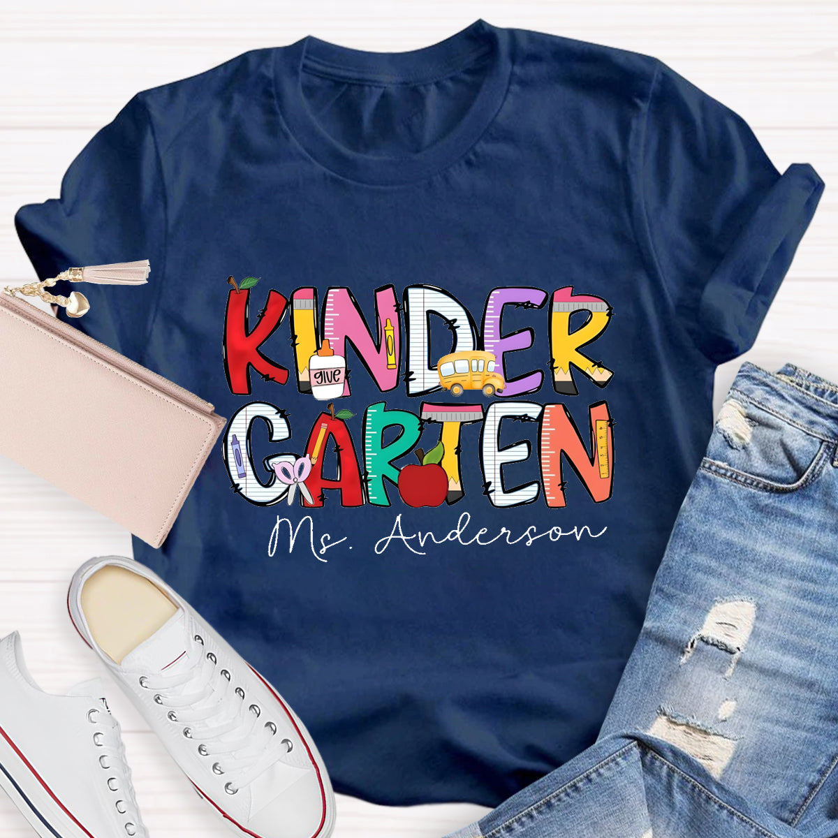 Personalized Kinder Garten Teacher's Name Apple Printed T-shirt