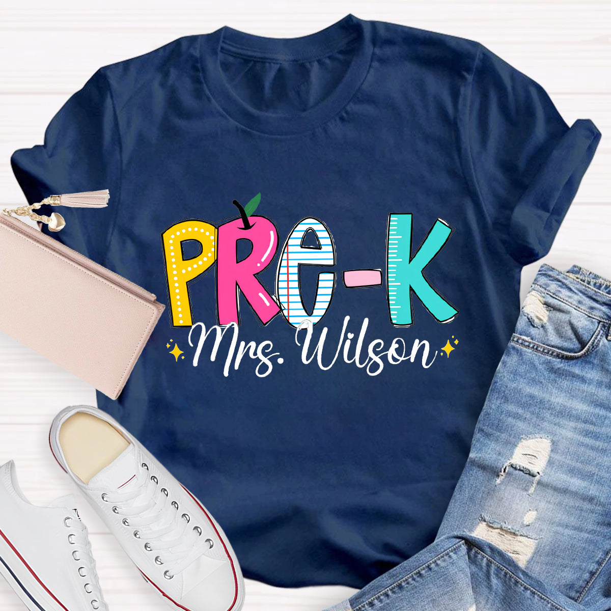 Personalized Grade And Teacher Name Apple Ruler Printed T-Shirt