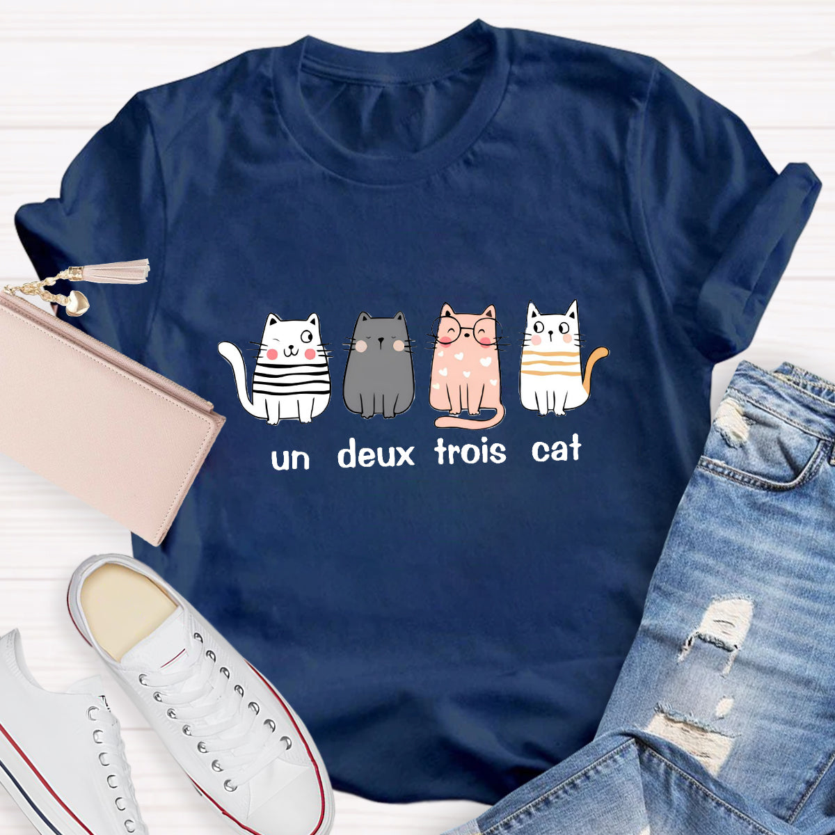 French Cat Un Deux Trois Cat French Teacher T-Shirt