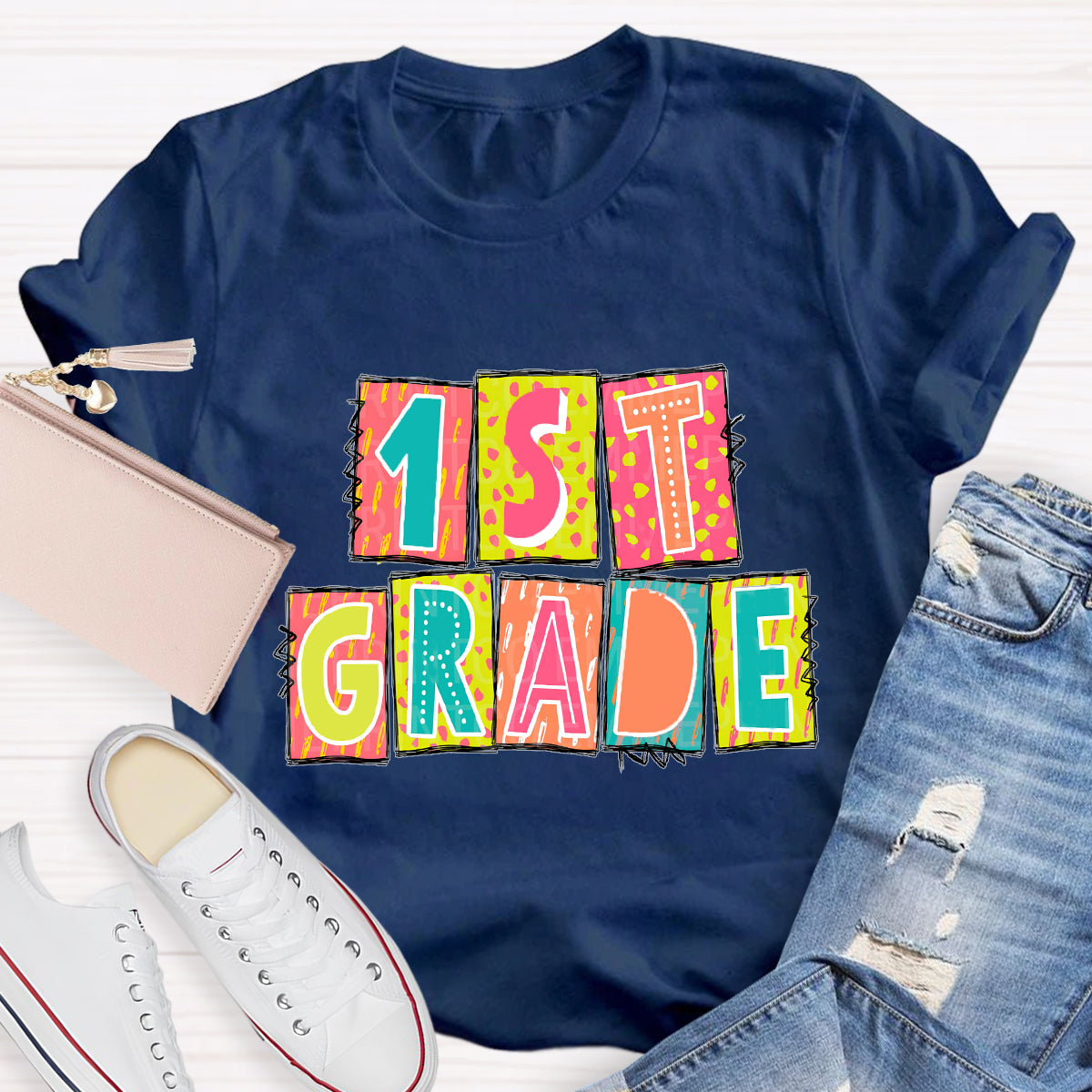 Personalized Grade Personalized Color Block 1st Grade Teacher T-Shirt