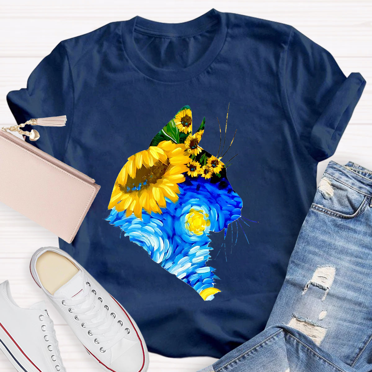 Art Sunflower Cat Teacher T-Shirt