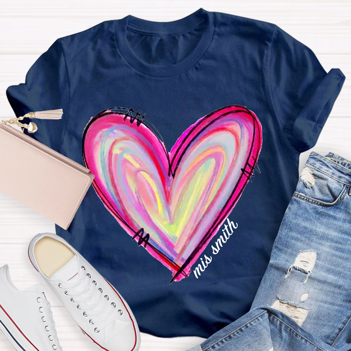 Personalized Name Art Painted Heart Teacher T-Shirt