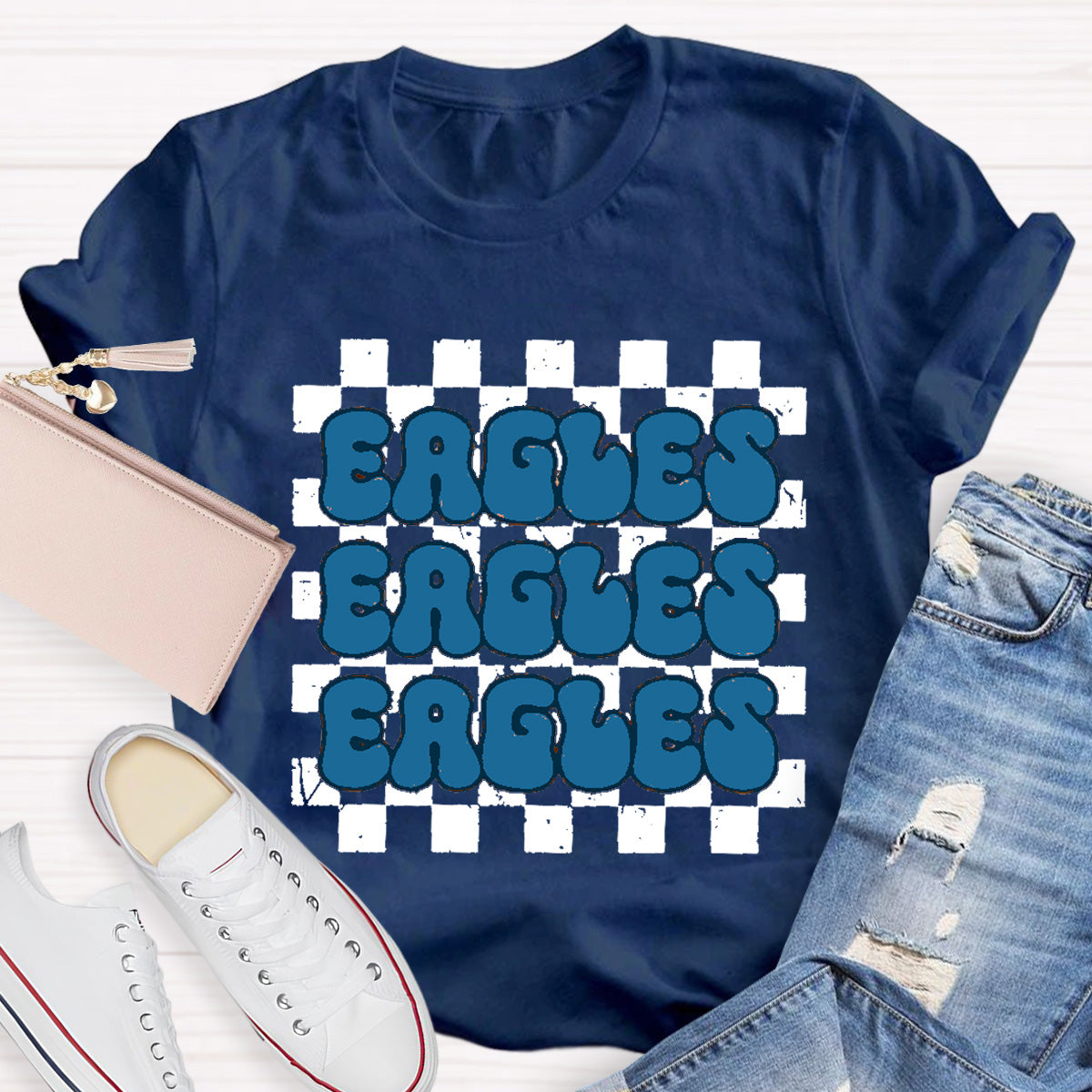 Personalized Mascot Eagles Chessboard pattern Teacher T-Shirt