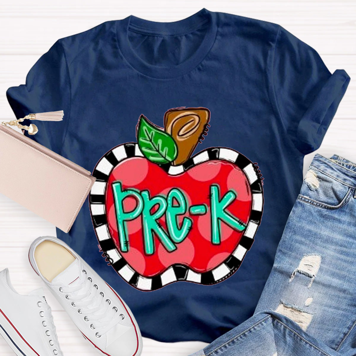 Personalized Grade Teacher Color Block Apple Printed T-Shirt