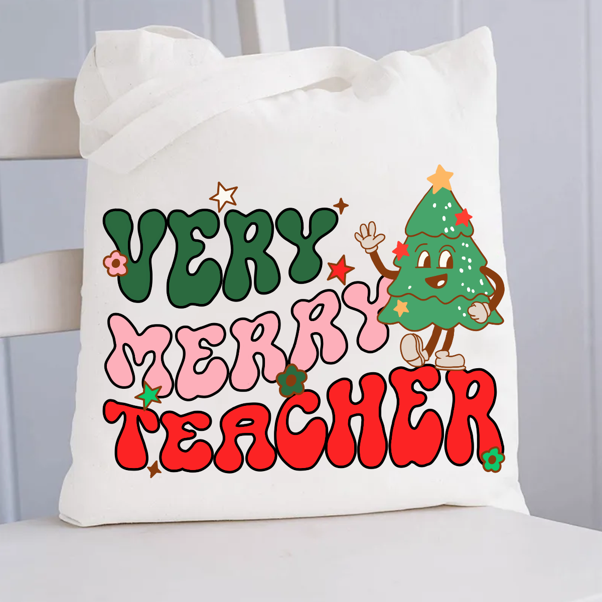 Very Merry Teacher Christmas Tree Canvas Tote Bag