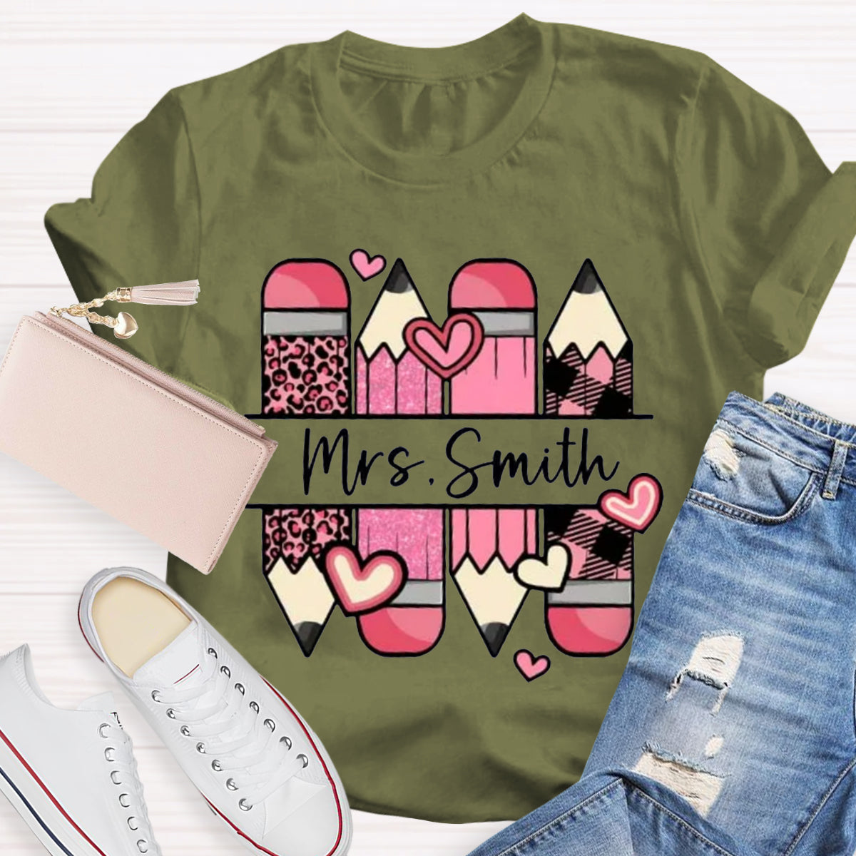 Personalized Name Pink Pencil Heart Mrs Smith T-Shirt