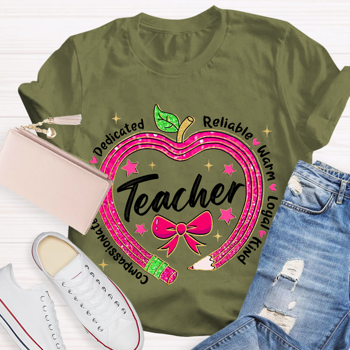 Reliable Warm Glitter Apple Pencil Heart Teacher T-Shirt