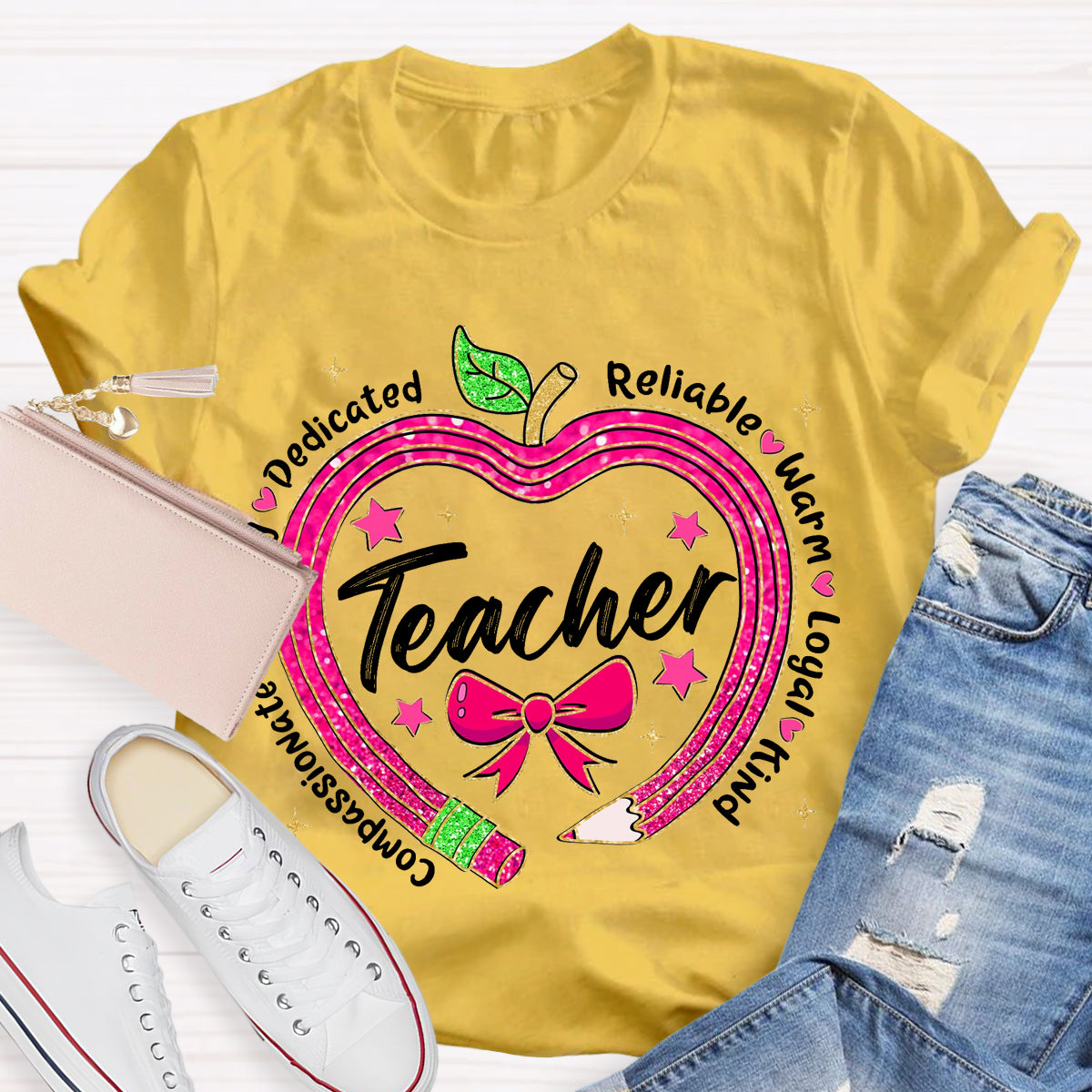 Reliable Warm Glitter Apple Pencil Heart Teacher T-Shirt