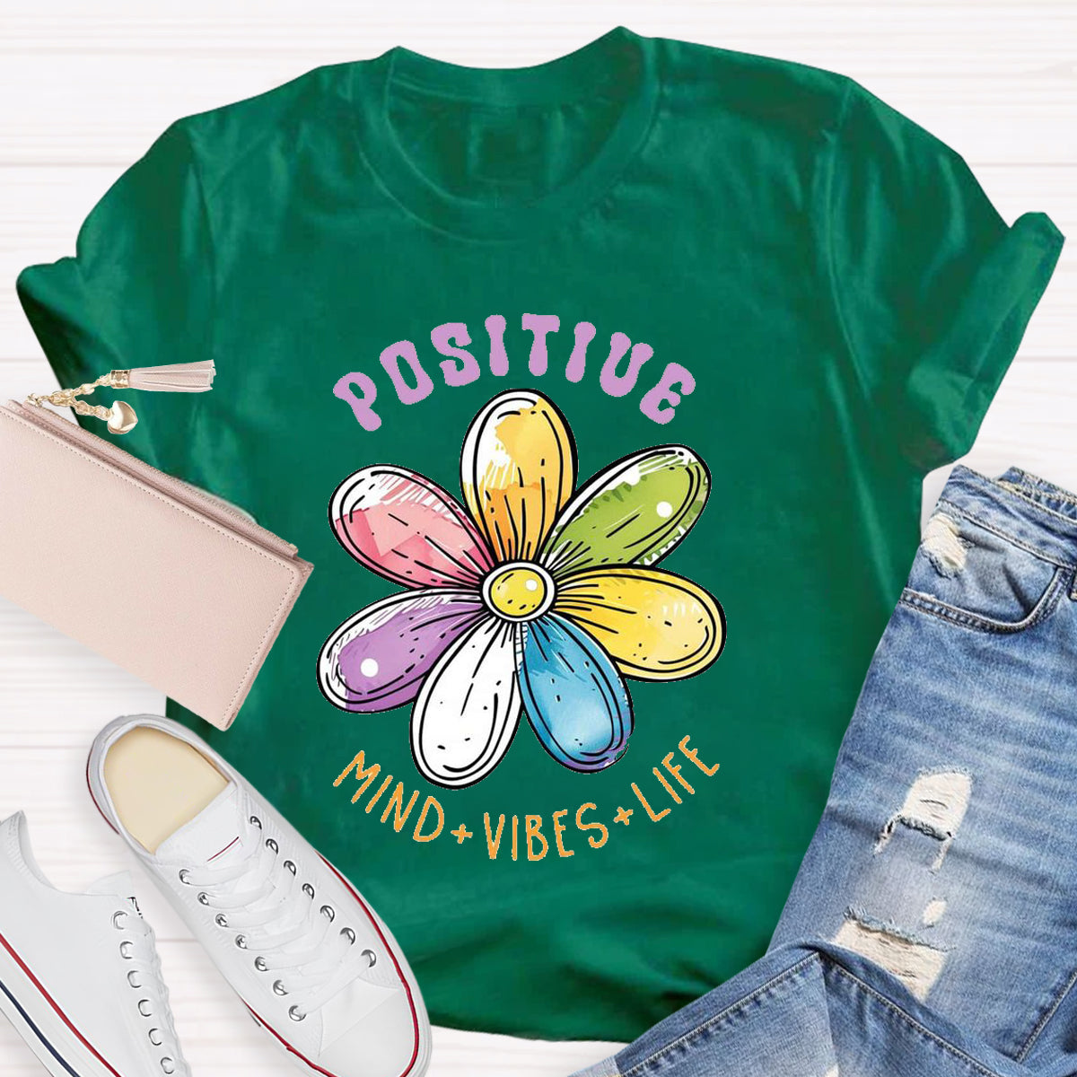 Positive Mind Vibes Life Floral Teacher T-Shirt