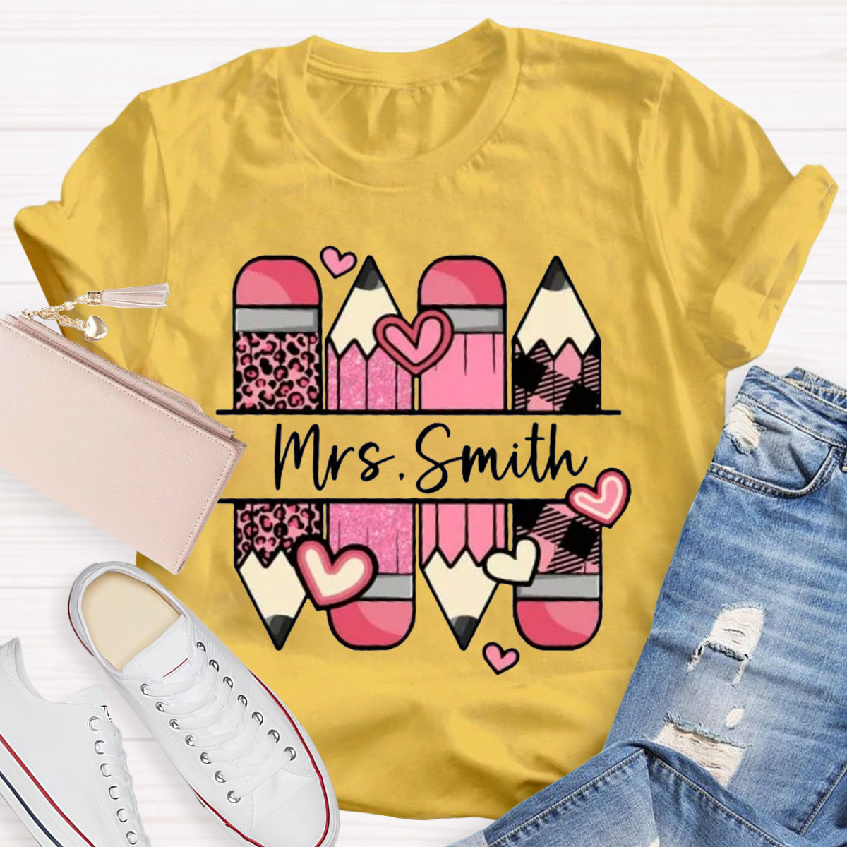 Personalized Name Pink Pencil Heart Mrs Smith T-Shirt