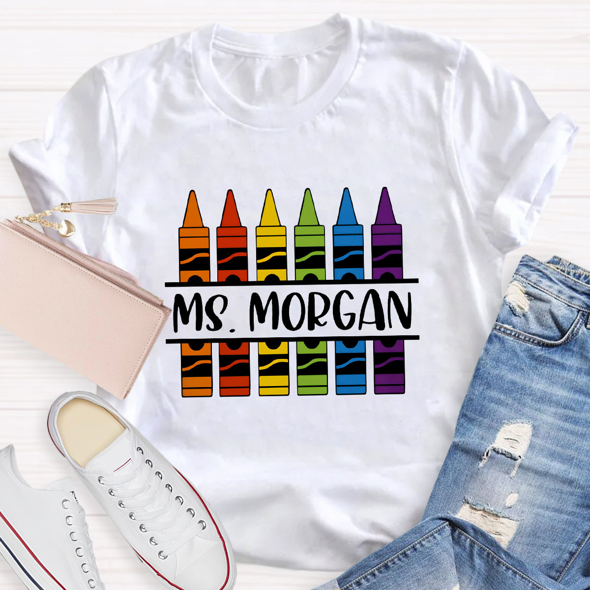 Personalized Name Crayon Printed Teacher T-shirt