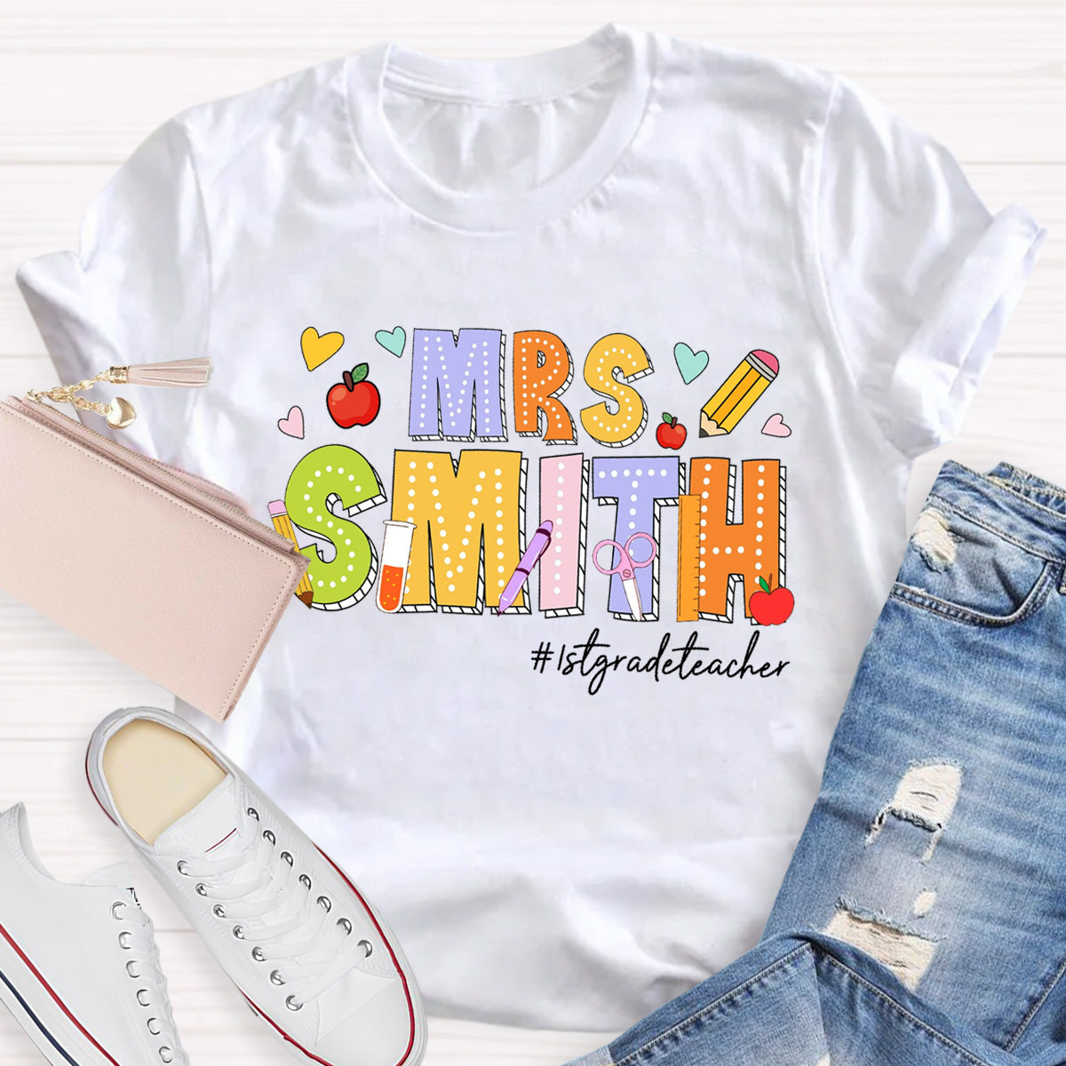Personalized Name And Grade Heart Teacher T-Shirt