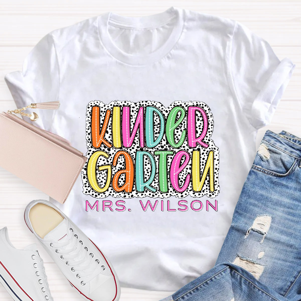 Personalized Name And Grade Neon Lights And Polka Dots Teacher T-Shirt