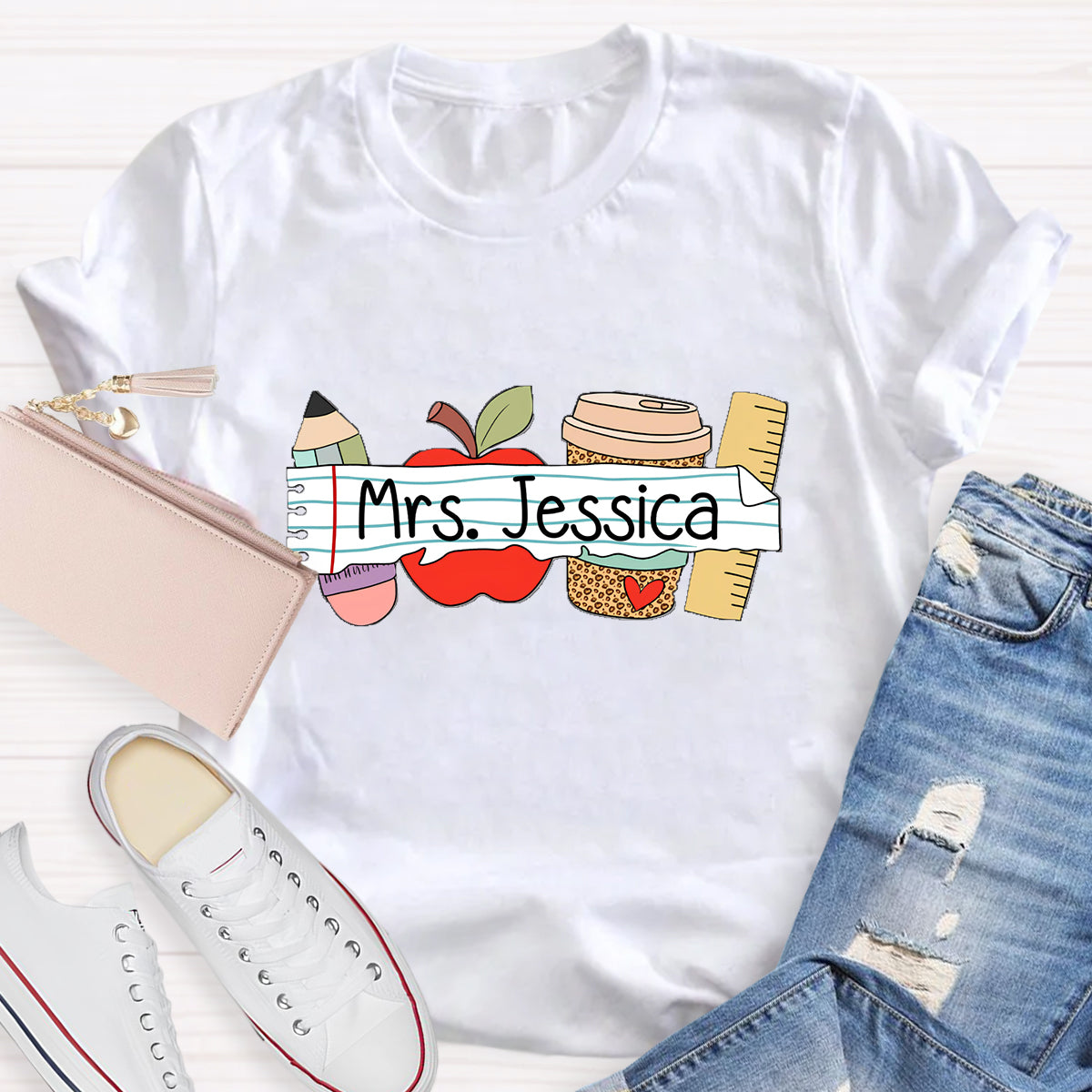 Personalized Teacher's Name Apple Pencil Coffee T-Shirt