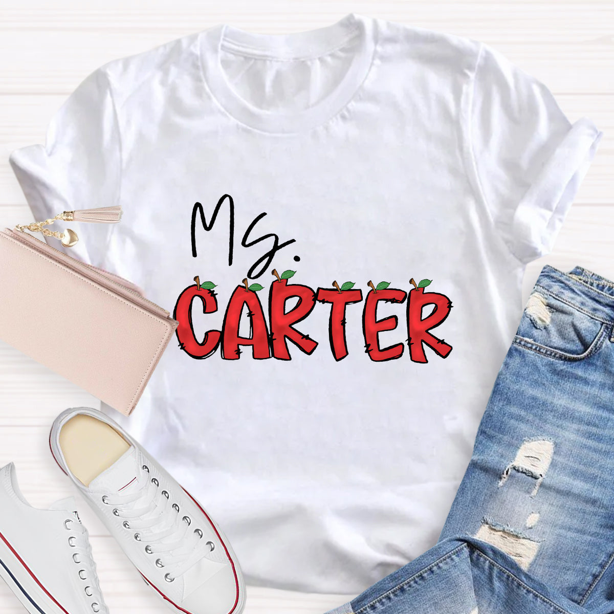 Personalized Teacher's Name Red Apple Letter T-Shirt