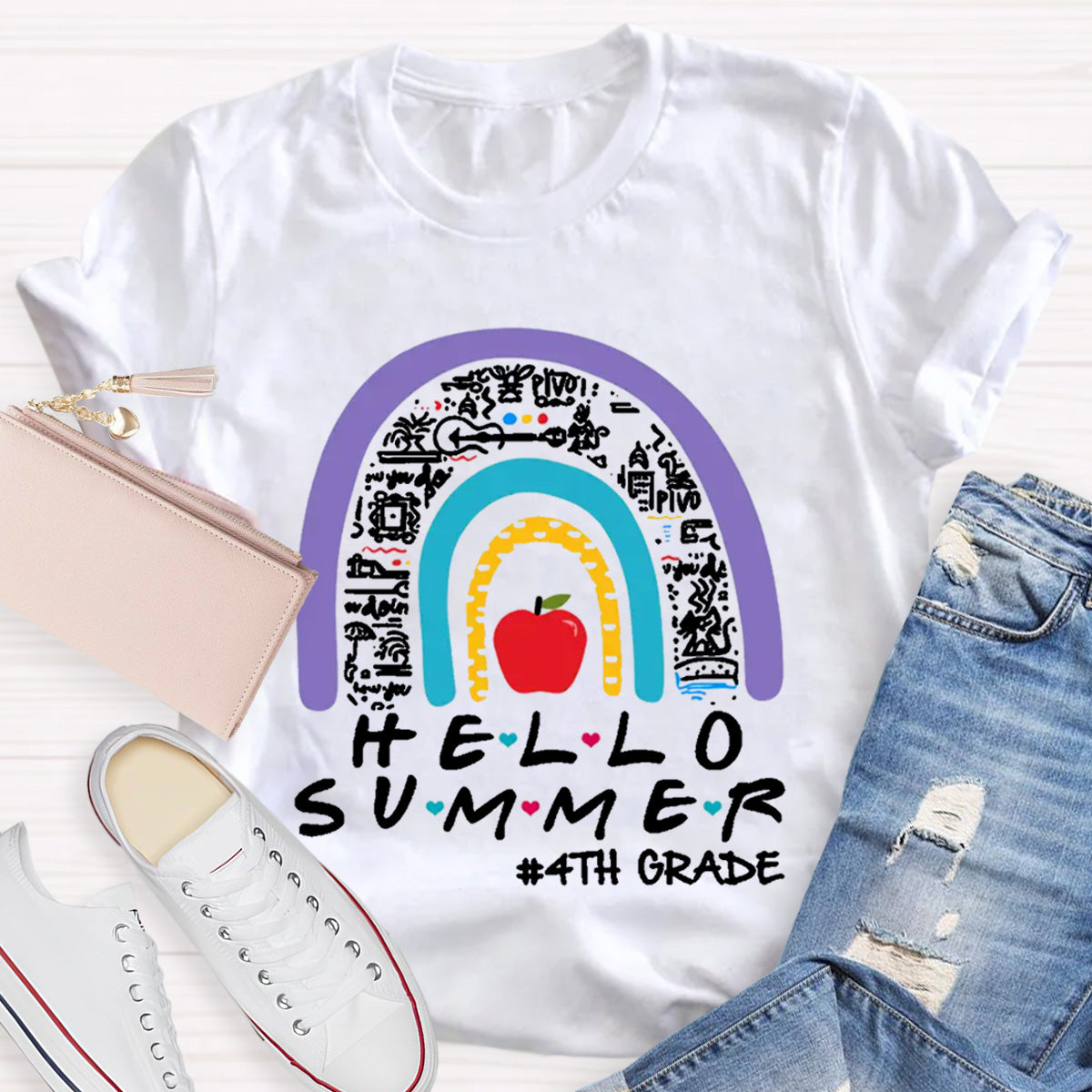 Personalized Grade Hello Summer Apple Rainbow Teacher T-Shirt