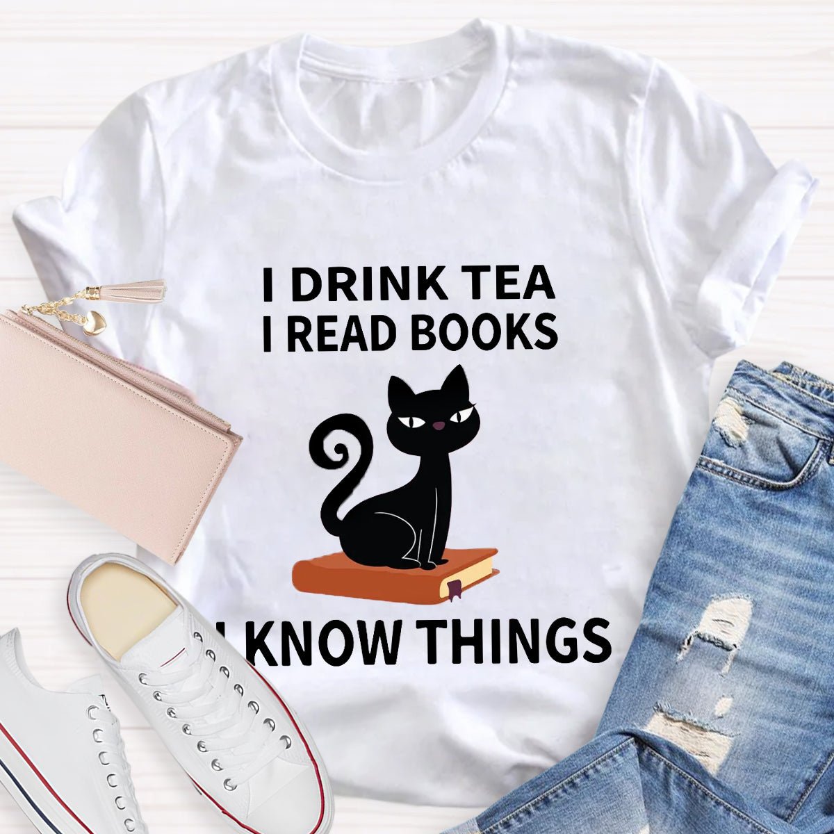 I Drink I Read Books I Know Thing Cute Cat T-Shirt