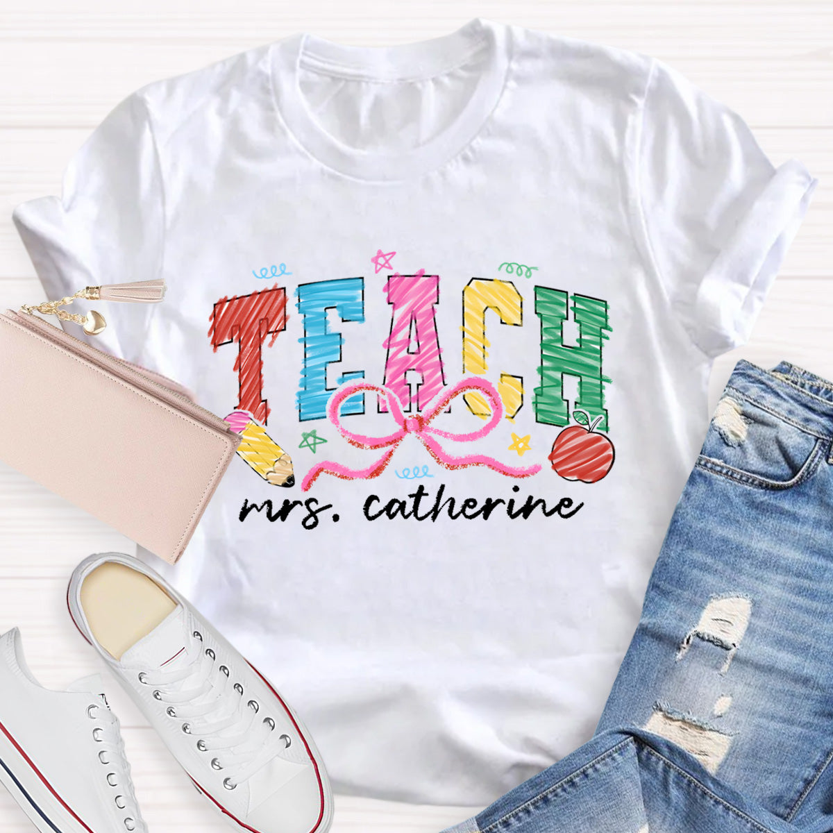 Personalized Name Teach Apple Teacher T-Shirt