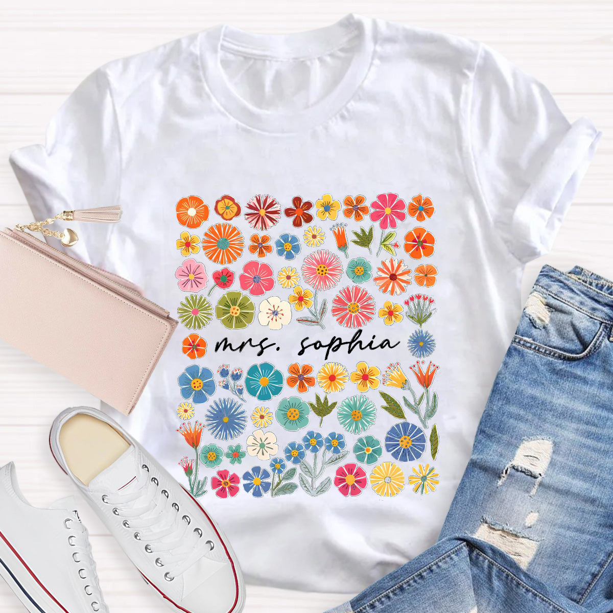 Personalized Name Pink Flowers Teacher T-Shirt