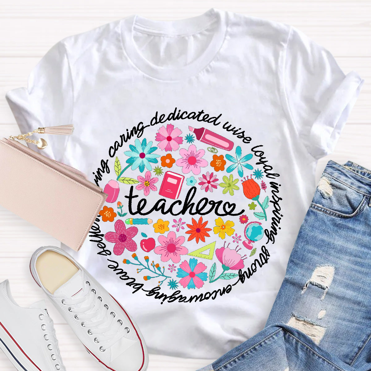 Loving Caring Dedicated Floral Teacher T-Shirt