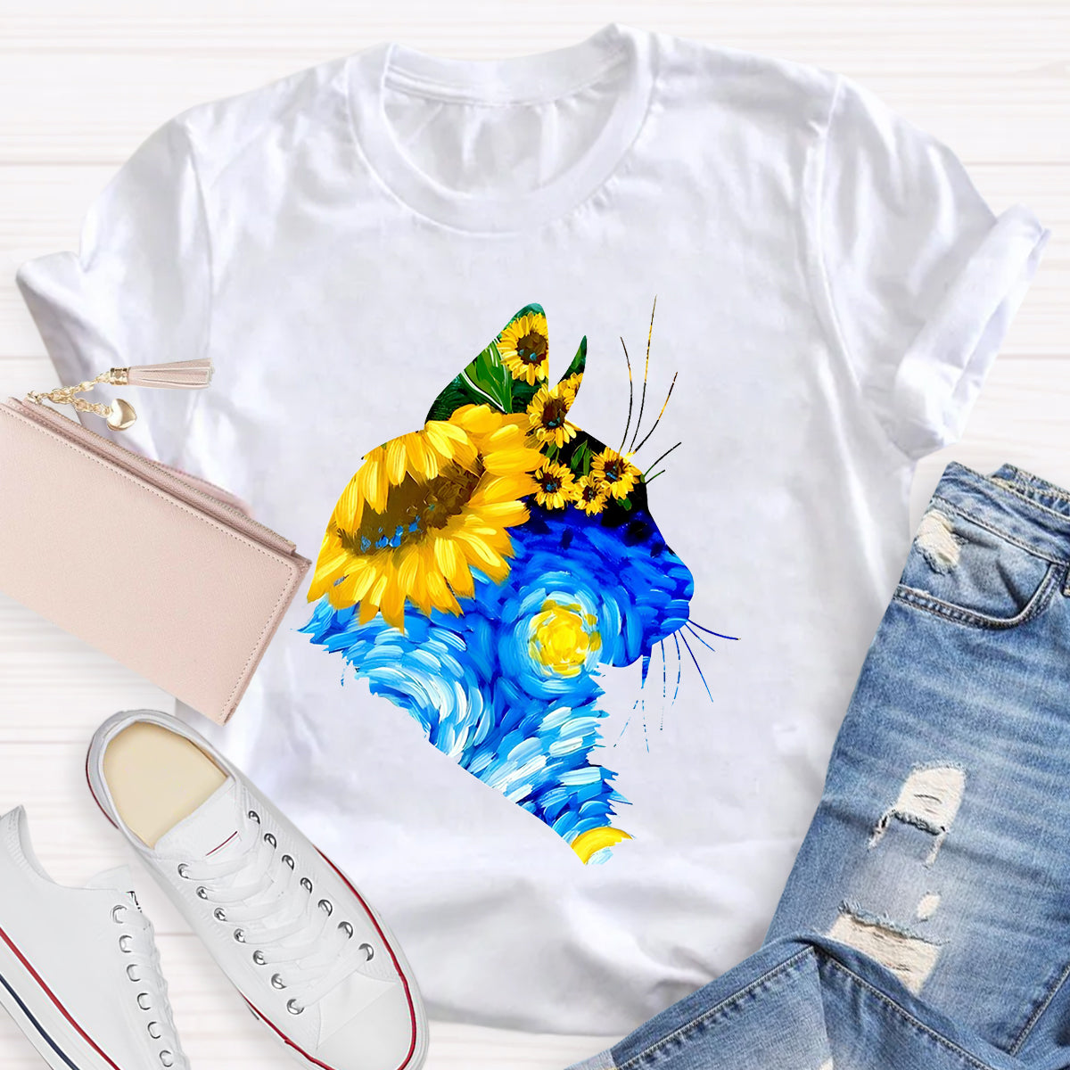 Art Sunflower Cat Teacher T-Shirt