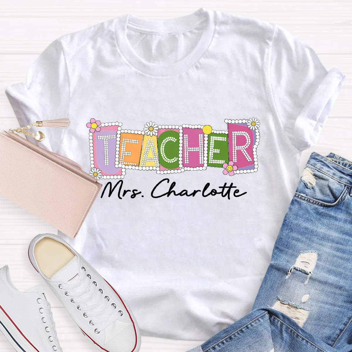 Personalized Teacher Name Contrasting Flowers T-Shirt