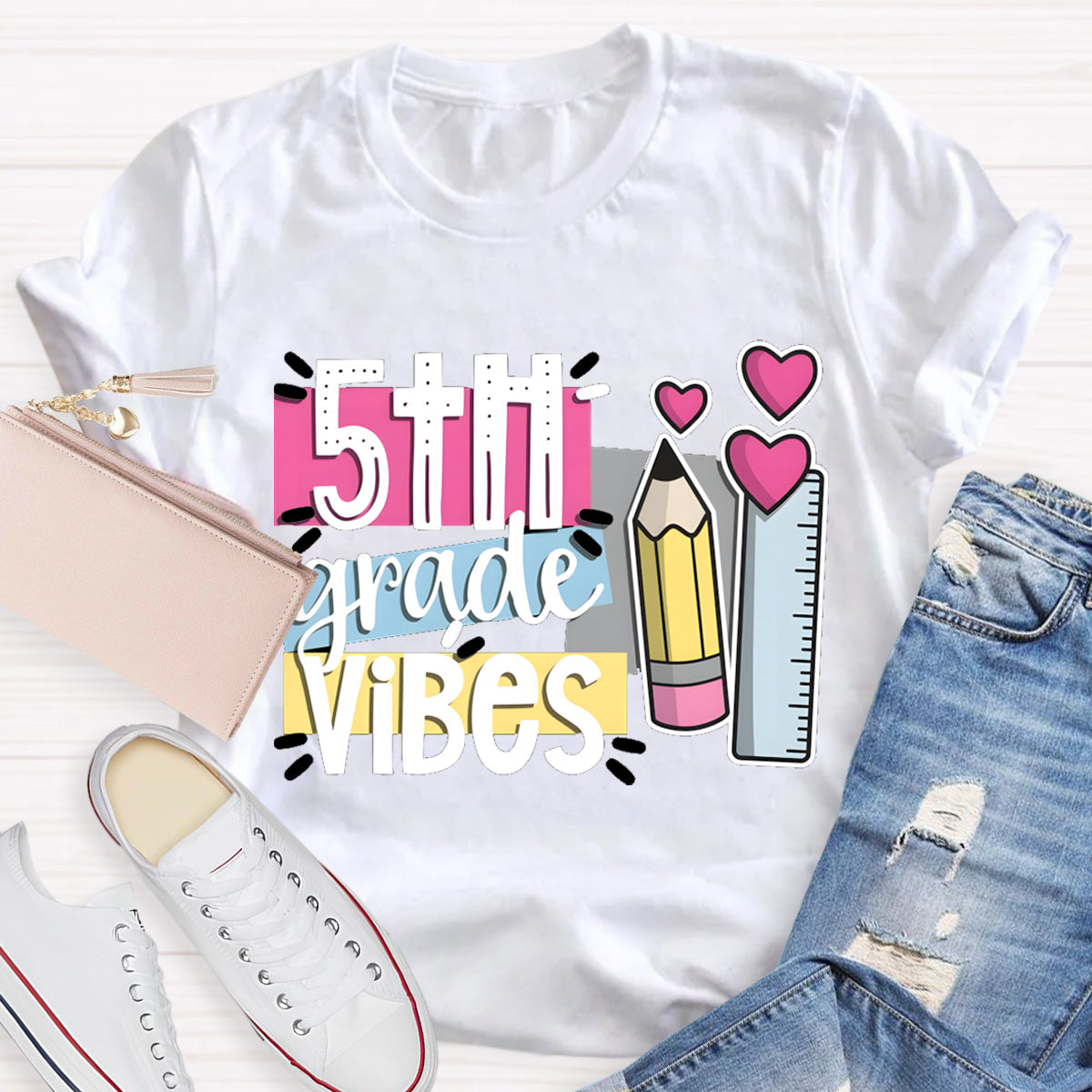 Personalized Grade 5th Grade Vibes Teacher T-Shirt