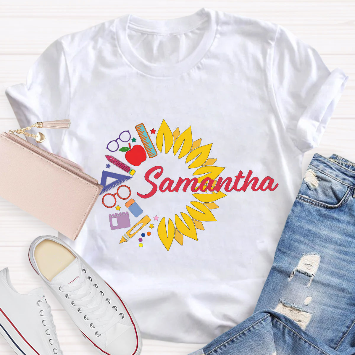 Personalized Name Sunflower Pencil Samantha Teacher T-Shirt