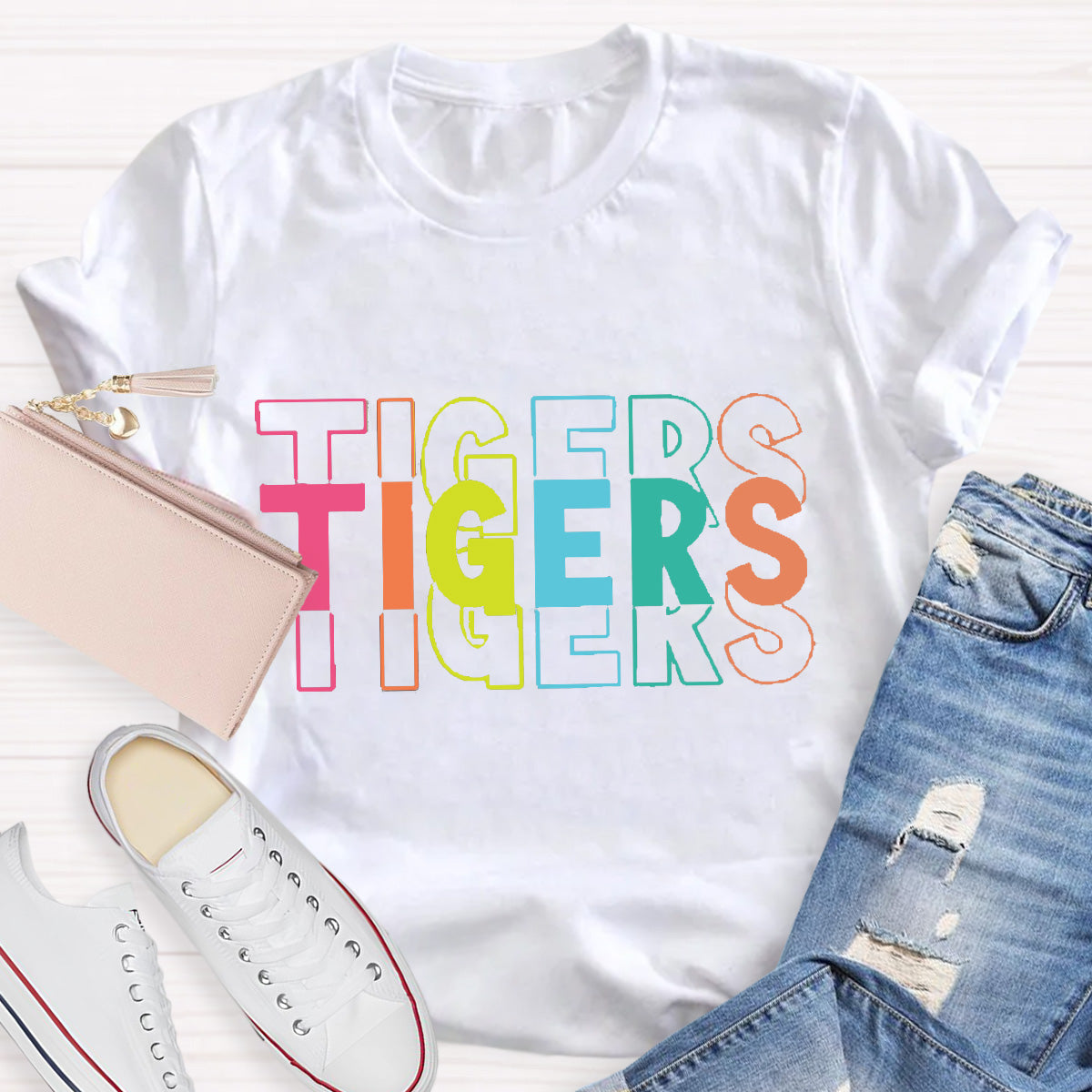 Personalized Mascot Tigers Colorful Letters Teacher T-Shirt