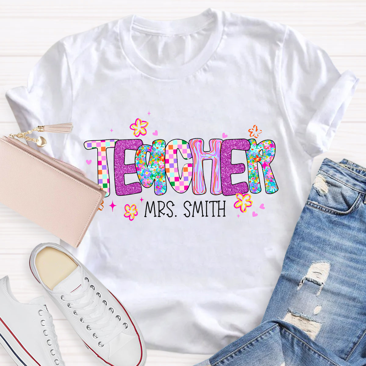 Personalized Teacher Name Pink Plaid T-Shirt