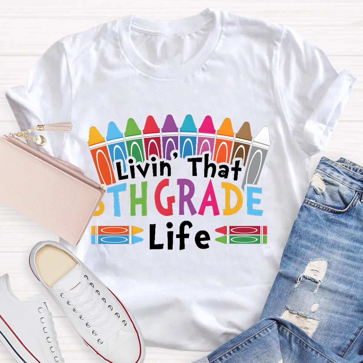 Personalized Grade Livin That 5th Grade Life Teacher T-Shirt