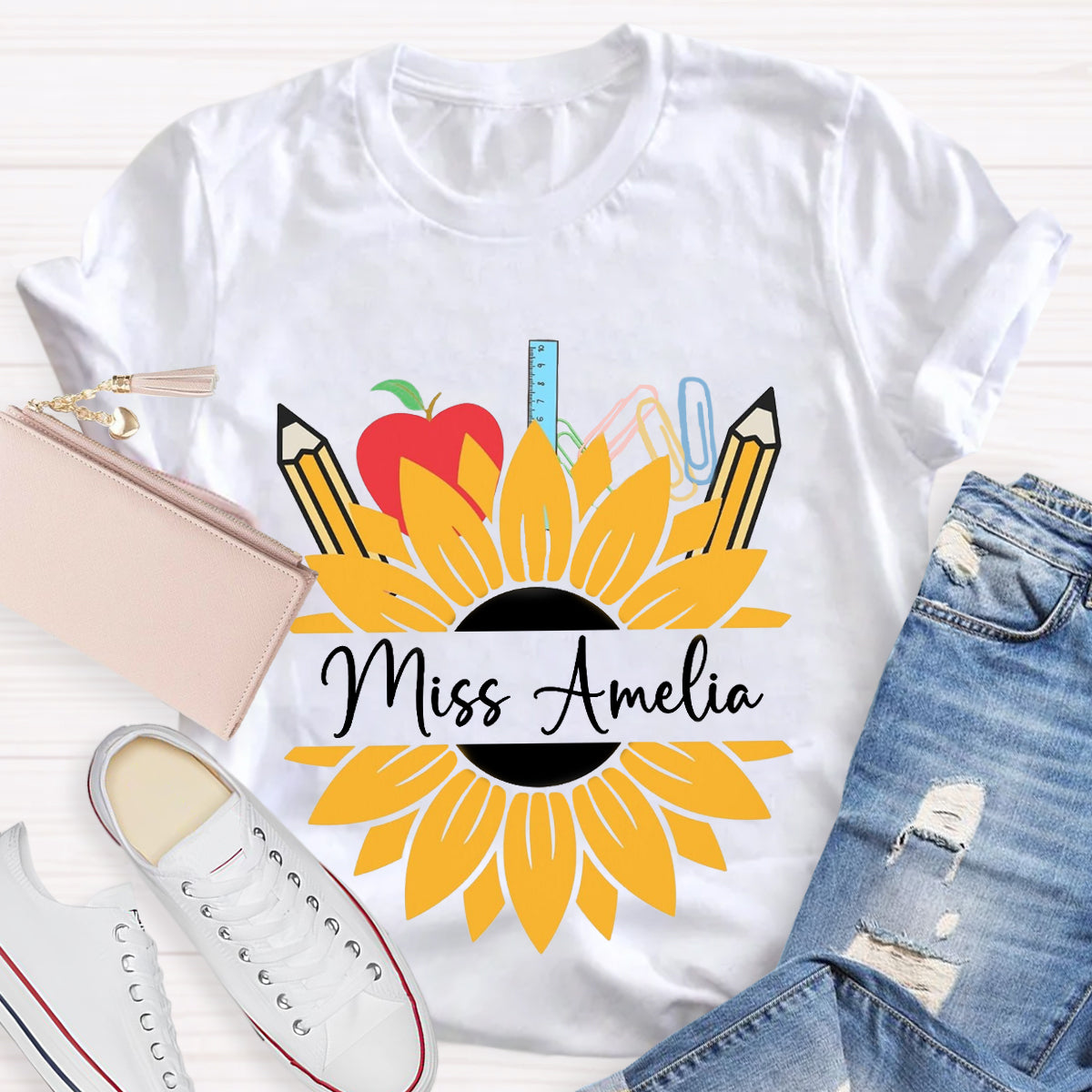 Personalized Name Sunflower Apple Pencil Teacher T-Shirt