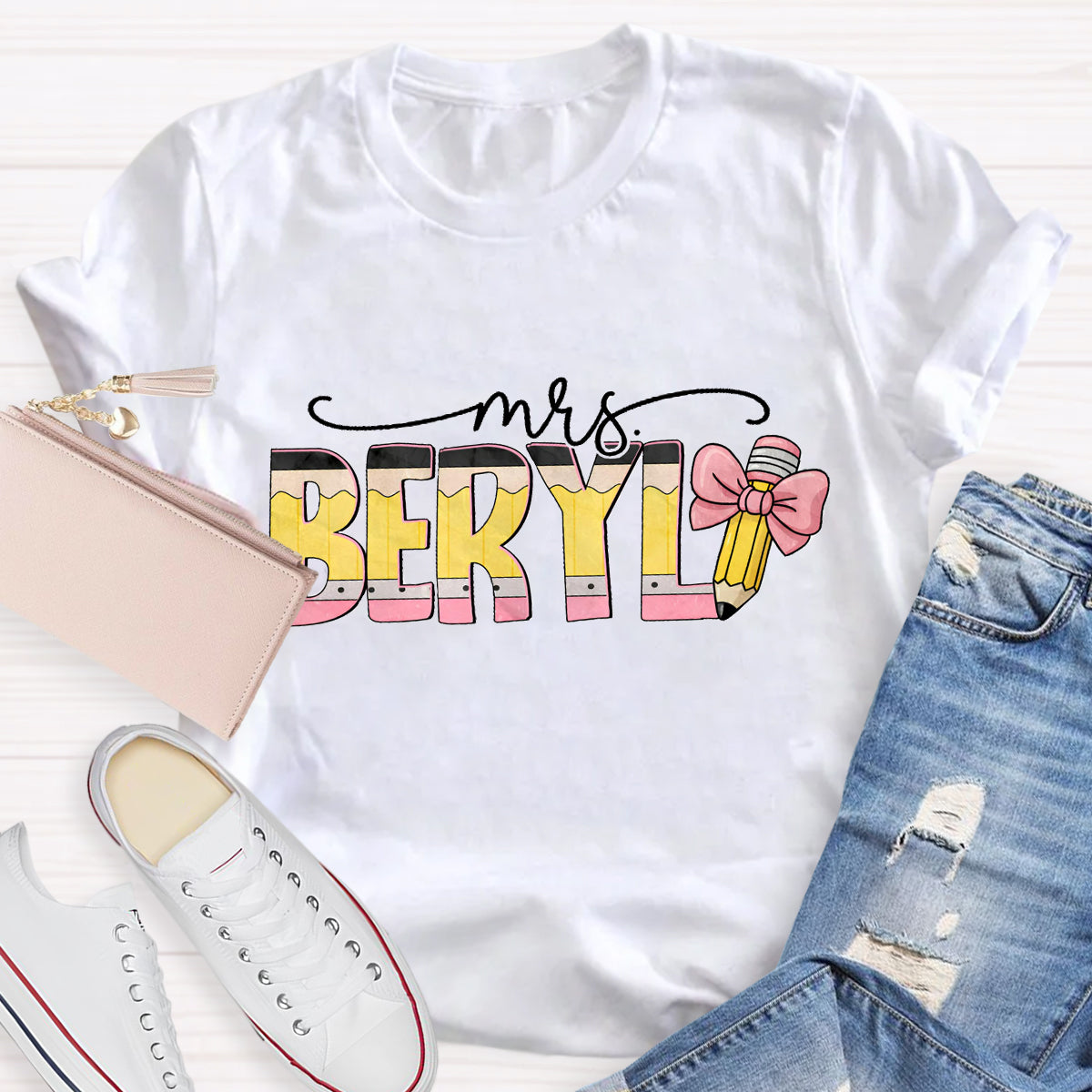 Personalized Teacher Name Pink Pencil T-Shirt
