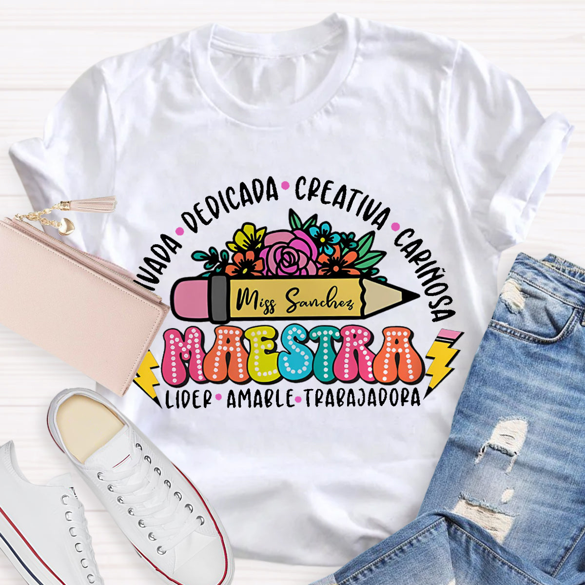 Personalize Name Maestra Pencil Teacher T-Shirt
