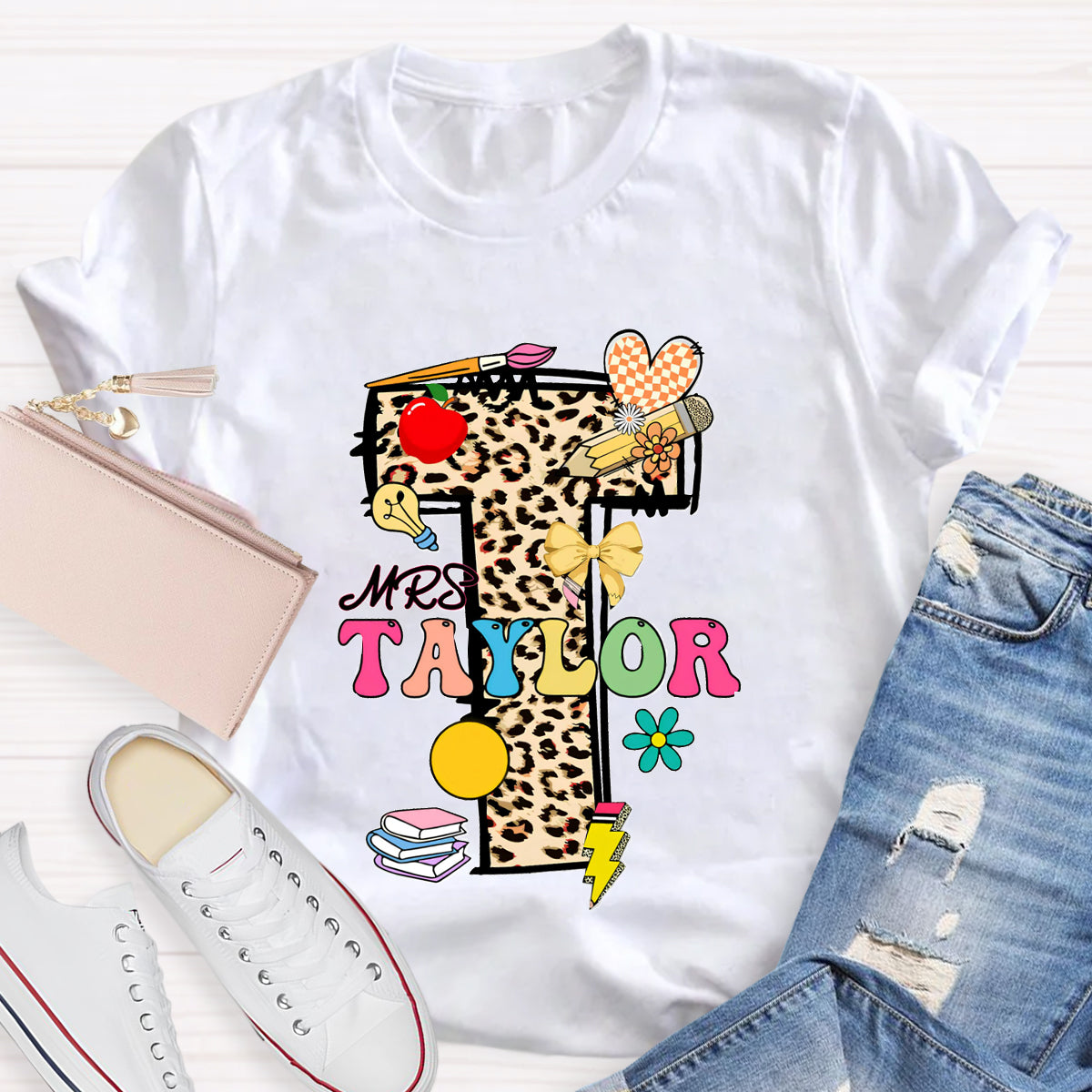 Personalized Name Leopard print Letter Teacher T-Shirt