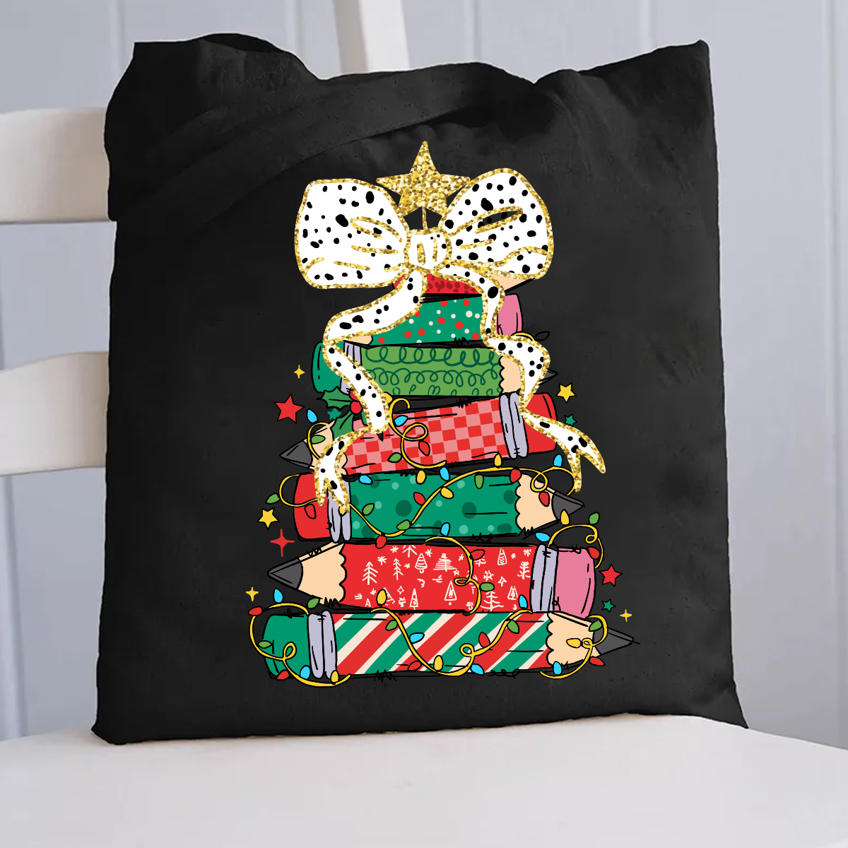 Pencil Tree Bow Canvas Tote Bag