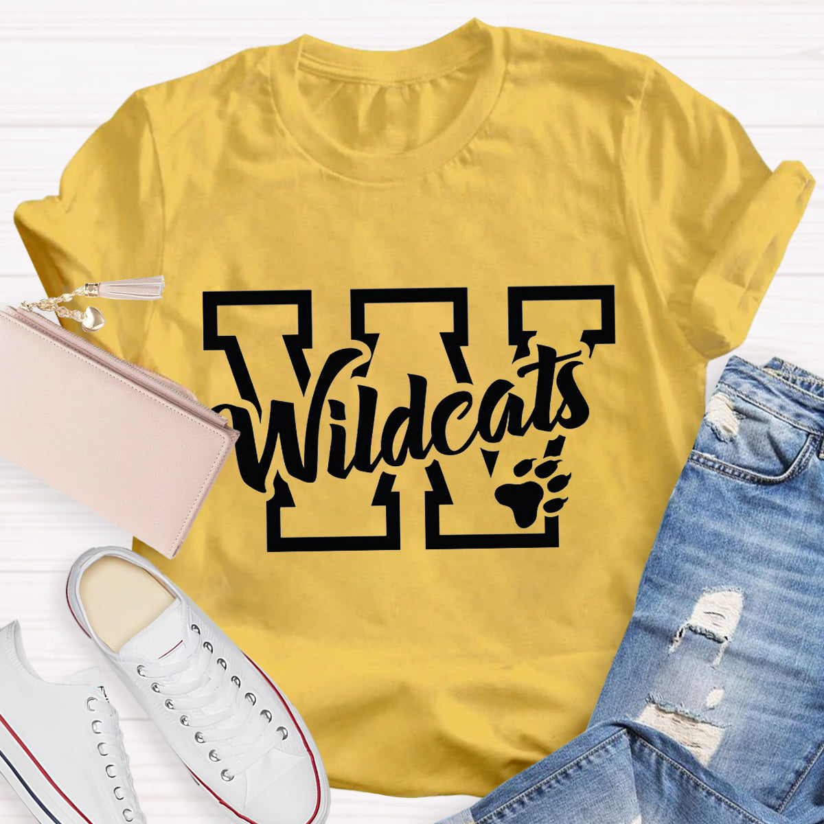 Personalized School Mascot Wildcats Black Letters Teacher T-Shirt