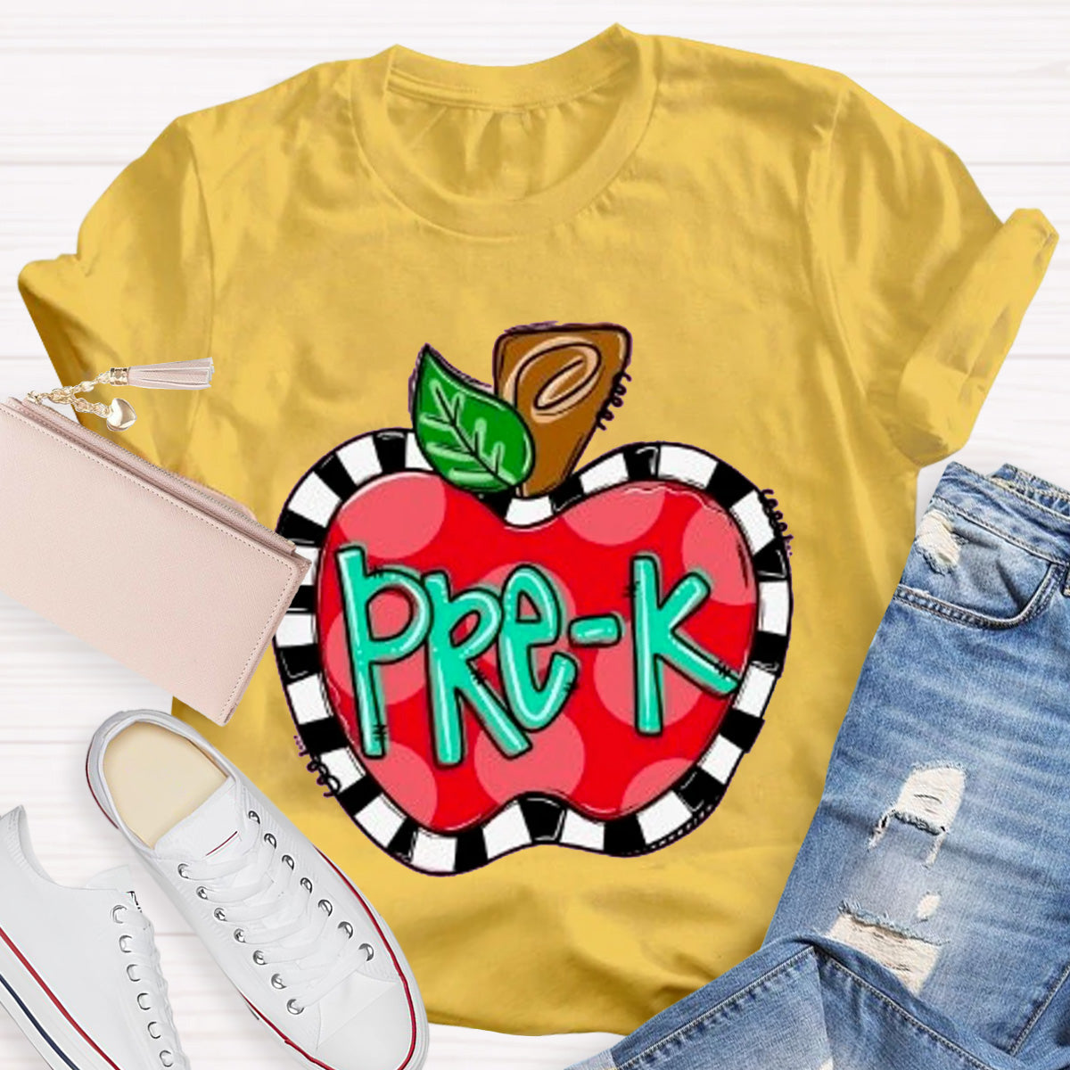 Personalized Grade Teacher Color Block Apple Printed T-Shirt