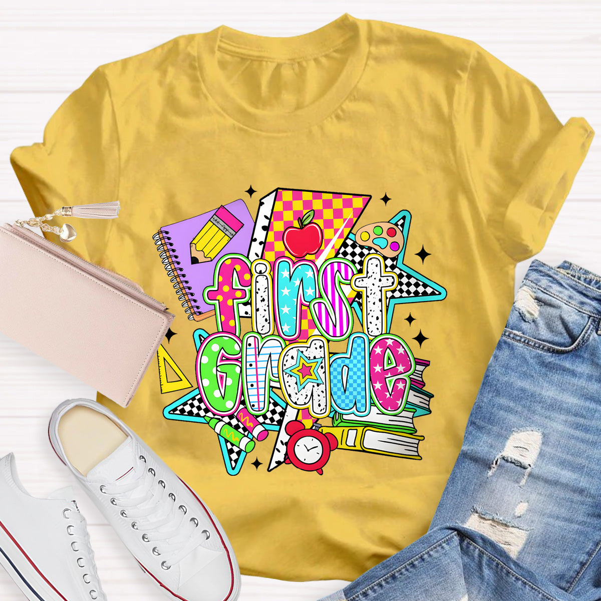 Personalized Grade First Grade Teacher Books Pencil T-Shirt