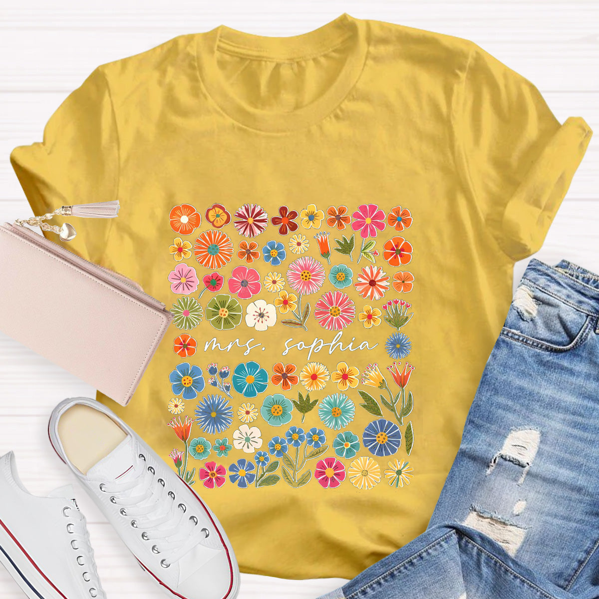 Personalized Name Pink Flowers Teacher T-Shirt