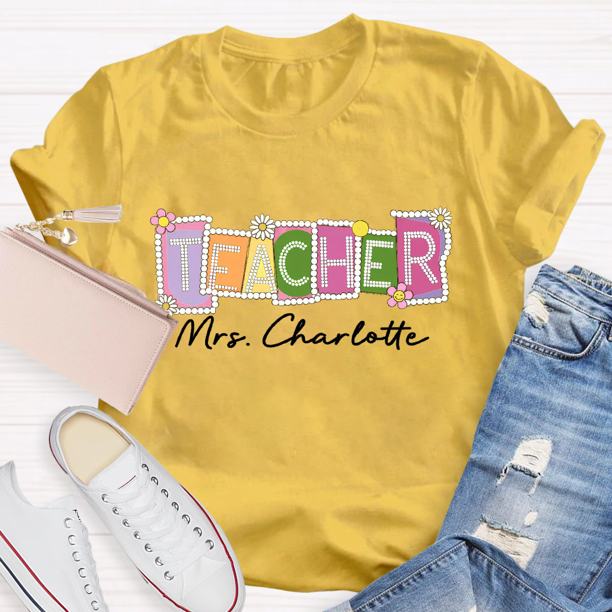 Personalized Teacher Name Contrasting Flowers T-Shirt