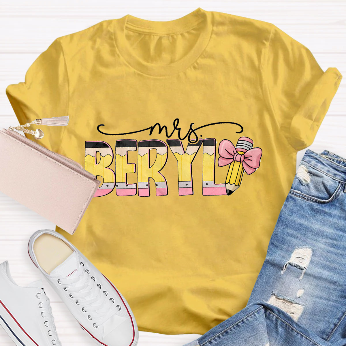 Personalized Teacher Name Pink Pencil T-Shirt
