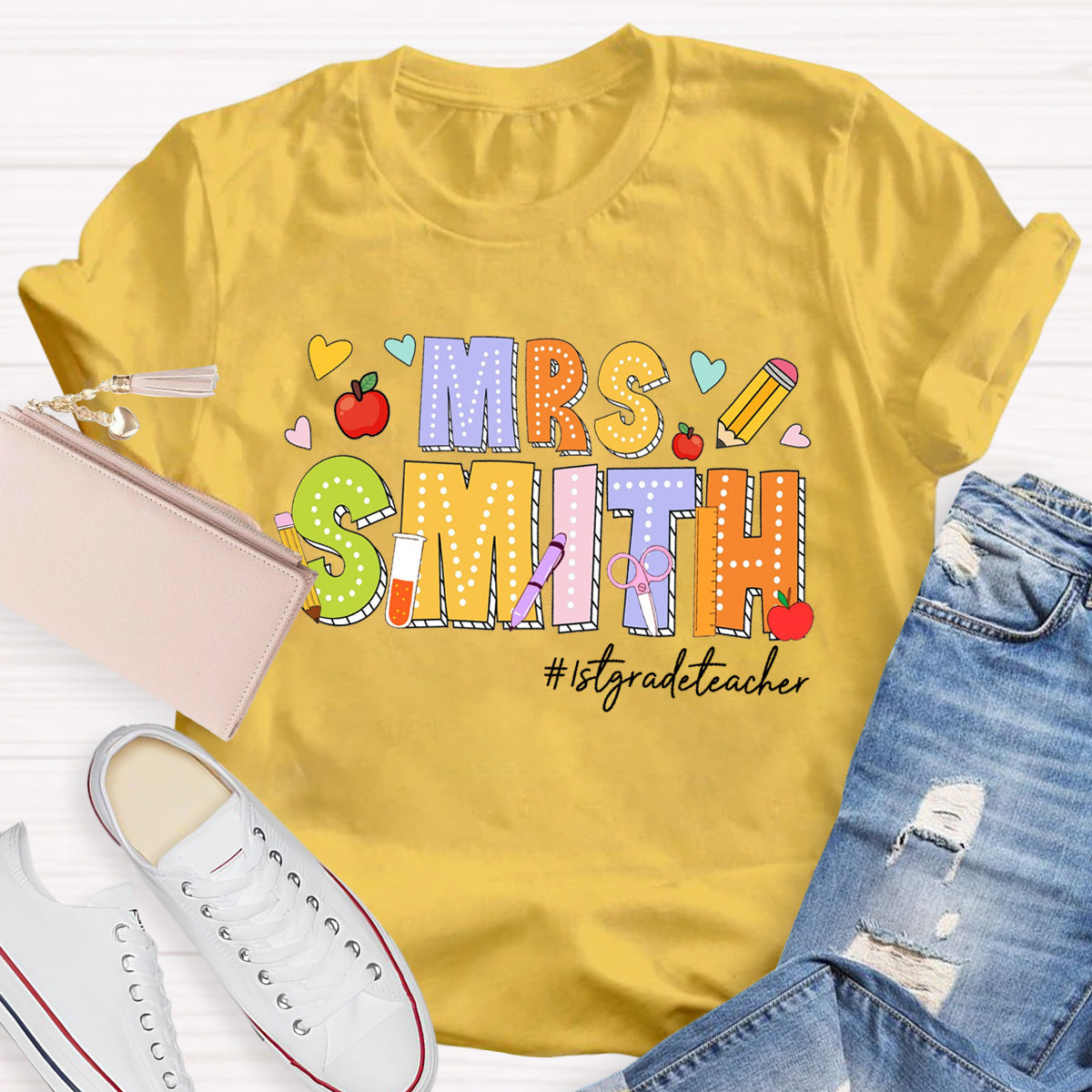Personalized Name And Grade Heart Teacher T-Shirt