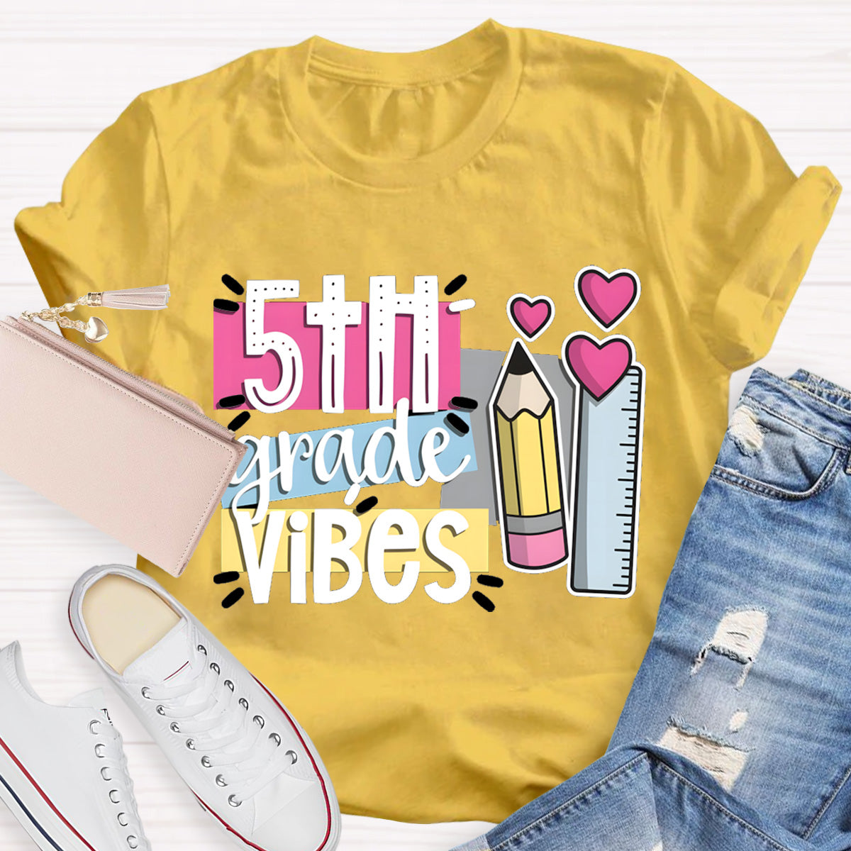 Personalized Grade 5th Grade Vibes Teacher T-Shirt
