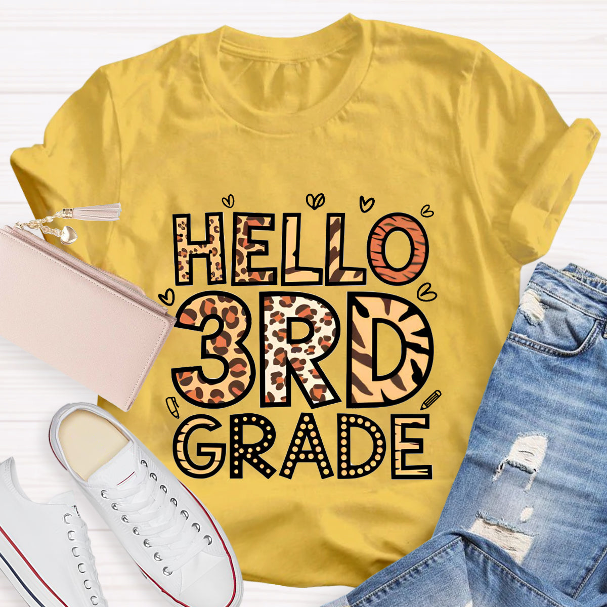 Personalized Grade Hello 3rd Grade Leopard Printed Teacher T-Shirt